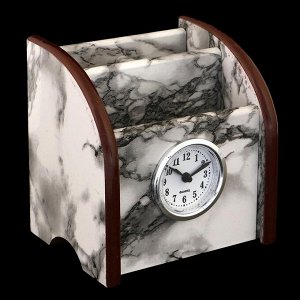 Органайзер, под серый мрамор, 3 секции+встроенные часы 11*9,5 см