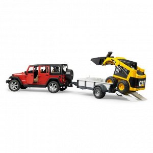 Внедорожник Jeep Wrangler Unlimited Rubicon c прицепом-платформой и колёсным мини погрузчиком CAT