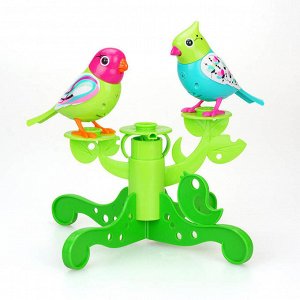 Две птички с деревом, голубая с салатовой головой и салатовая с розовой головой