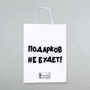 Пакет бумажный подарочный новогодний крафт с приколами, «Подарков не будет!», белый, 28 х 24 х 14 см.