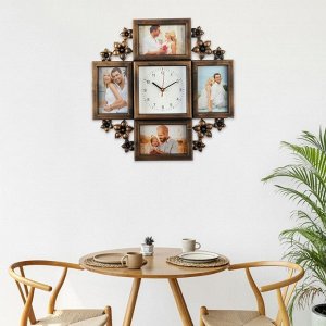 Фоторамка-коллаж на 4 фото 10x15 см с часами настенными бесшумными (14x14 см) «Цветы», 42x42 см