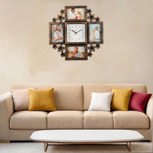 Фоторамка-коллаж на 4 фото 10x15 см с часами настенными бесшумными (14x14 см) «Цветы», 42x42 см