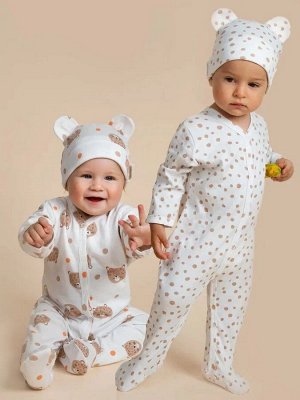 Комплект комбинезонов (слипов) детских с шапочкой Amarobaby Nature, горошек/леопарды