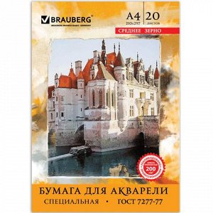 Папка для акварели А4, 20л., 200 г/м2, BRAUBERG, 210х297мм,