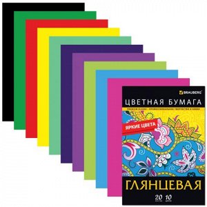 Цветная бумага А4 МЕЛОВАННАЯ, 20 листов, 10 цветов, папка, B