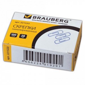 Скрепки BRAUBERG 28 мм никелированные, 100 шт., в карт. коро