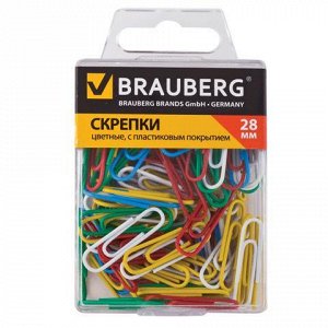 Скрепки BRAUBERG 28 мм цветные, 100 шт. в пласт. кор., 22111