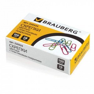 Скрепки BRAUBERG 28 мм цветные, 100 шт., в картонной коробке