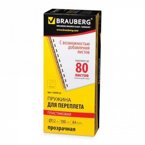 Пружины пласт. д/переплета, КОМПЛЕКТ 100шт, 12 мм (для сшивания 56-80л), прозрачные, BRAUBERG,530916