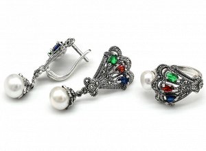Кольцо и Серьги С925 с жемчугом и марказитами, размер 17, 16,3г