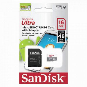 Карта памяти microSDHC 16GB SANDISK Ultra UHS-I U1, 48 Мб/се