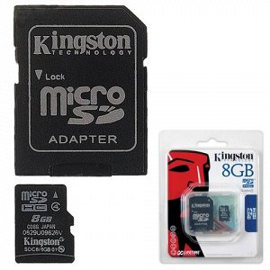 Карта памяти microSDHC 8GB KINGSTON, 4 Мб/сек (class 4), с а