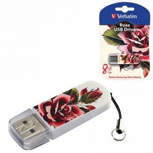 Флэш-диск 8GB VERBATIM Mini Tattoo Edition Rose USB 2.0, бел