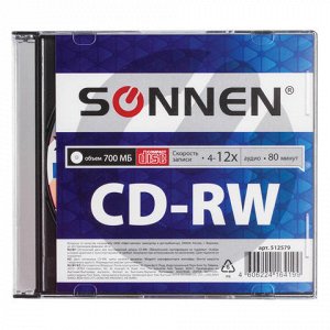 Диск CD-RW SONNEN 700Mb 4-12x Slim Case (1 штука), 512579