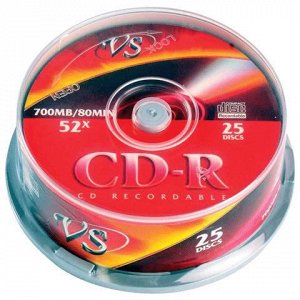 Диски CD-R VS 700Mb 52x 25шт Cake Box с поверхностью для печ
