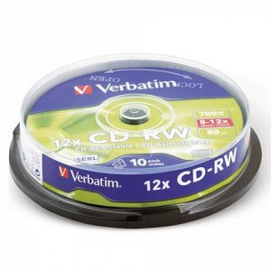 Диски CD-RW VERBATIM 700Mb 12х КОМПЛЕКТ 10шт Cake Box 43480