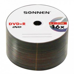 Диски DVD+R (плюс) SONNEN 4,7Gb 16x Cake Box 50шт, 512577