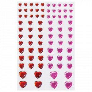 Стразы самоклеящиеся &quot;Сердце&quot;, 6-15 мм, 80 шт., розовые/красные, на подложке, ОСТРОВ СОКРОВИЩ, 661399