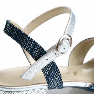 Босоножки женские на серебряном каблуке. Модель 2343 синяя инка+серебро