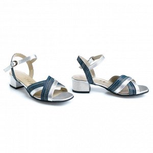 Босоножки женские на серебряном каблуке. Модель 2343 синяя инка+серебро