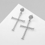 Серьги висячие со стразами «Крестики» грация, белые в серебре, 6 см