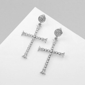 Серьги висячие со стразами «Крестики» грация, белые в серебре, 6 см
