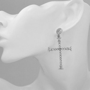 Серьги висячие со стразами «Крестики» грация, белые в серебре, 6 см