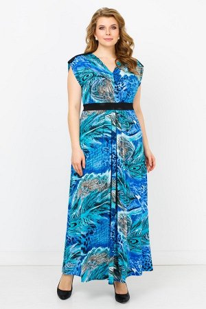 Синий Длинное женственное платье без рукавов, красивой расцветки, с глубоким V-образным вырезом горловины. Фасон модели с интересными декоративными элементами : контрастными чёрными вставками по плеча