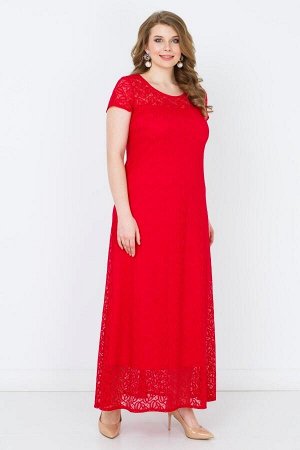 Красный  Длинное элегантное платье, выполненное в сочетании однотонной трикотажной основы и нежного гипюра сверху. Фасон модели с короткими рукавами, полукруглой небольшой горловиной, полуприталенного
