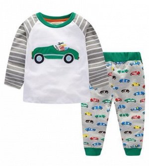 344 Костюм для мальчика  (белый лонгслив с зеленой машинкой +  штанишки с зелеными манжетами принт "машинки")