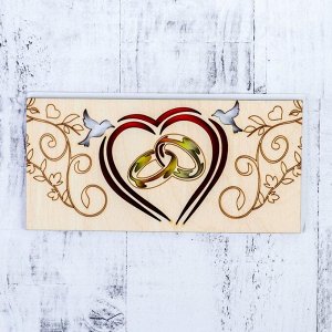 Деревянная открытка "Свадебный!" кольца и птицы