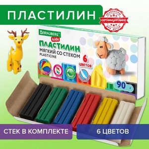 Пластилин мягкий восковой BRAUBERG KIDS, 6 цветов, 90г, со стеком, 106493