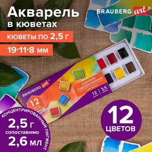 Акварель художественная в кюветах НАБОР 12 цветов по 2,5 гр BRAUBERG ART DEBUT, 191776