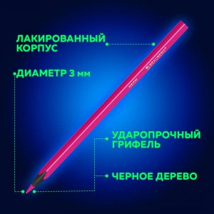 Карандаши цветные BRAUBERG NEON, 12 неоновых цветов, черное дерево, трёхгранные, 181852