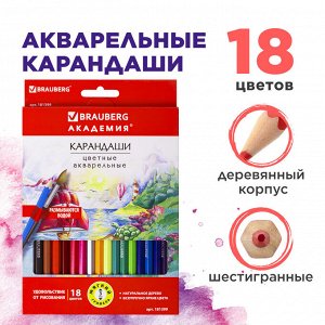 Карандаши цветные акварельные BRAUBERG "АКАДЕМИЯ", 18 цветов, шестигранные, высокое качество,181399