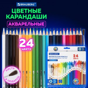 Карандаши цветные акварельные классические мягкие BRAUBERG 24 цвета с КИСТЬЮ, 181849