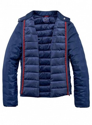 1r Куртка, синяя AJC Спортивный образ с модными деталями! Привлекательная укороченная форма со слегка блестящей поверхностью. Маленький воротник-стойка на кнопке, молния и контрастная тесьма и строчки