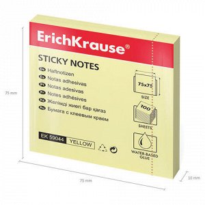Блок самоклеящийся (стикер) ERICH KRAUSE 75х75мм, 100 листов, желтый, 59044