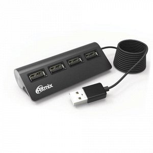 Хаб RITMIX CR-2400, USB 2.0, 4 порта, кабель 1 м, алюминиевый корпус, черный