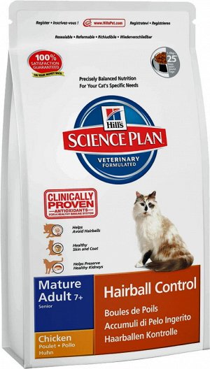 Hill's SP Feline MA7+ Hairball Contr д/кош пожил 7+ Выведение шерсти Курица 1,5кг (1/6)