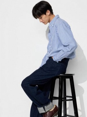 UNIQLO - базовая хлопковая рубашка в мелкую полоску - 66 BLUE
