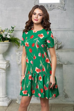 Платье принт тюльпаны зеленое с воланом