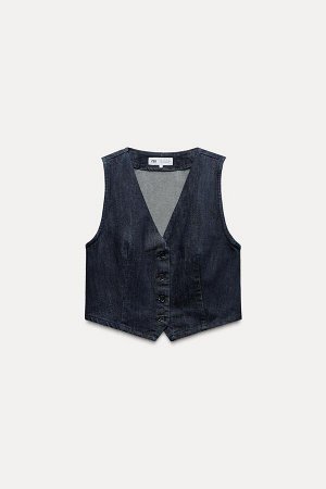Топ Цвет как на первом фото ДЖИНСОВЫЙ ТОП – TRF (DENIM-TOP – TRF) Топ без рукавов с V-образным вырезом. Планка на пуговицах спереди. СОСТАВ МАТЕРИАЛА, ИНСТРУКЦИИ ПО УХОДУ И ПРОИСХОЖДЕНИЕ СОСТАВ МАТЕРИ