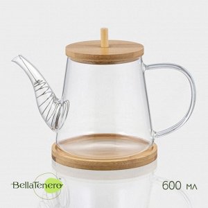 Заварочный чайник BellaTenero «Бамбук», 600 мл, 19x11.3x12.2 см, с бамбуковой крышкой, металлический фильтр, стекло