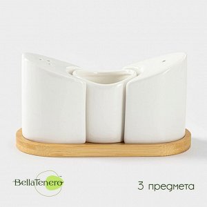 Набор для специй BellaTenero, солонка 60 мл, перечница 60 мл, ёмкость для зубочисток, на бамбуковой подставке, фарфор, белый