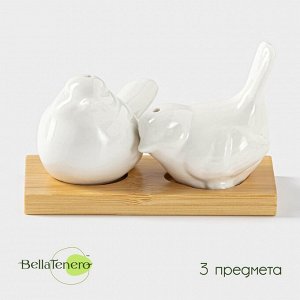 Набор для специй BellaTenero «Воробушки», солонка 75 мл, перечница 75 мл, на бамбуковой подставке, фарфор, белый
