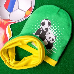 Набор: Шапка формы лопата с футбольным принтом+снуд из двойного трикотажа, зеленый с желтым