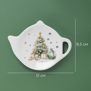 Новогодняя подставка под чайный пакетик Доляна «Приближение чуда», керамика, 12x9,5 см, цвет белый