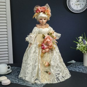 Кукла-светильник коллекционная керамика "Барышня Анастасия в платье с цветами" 45 см