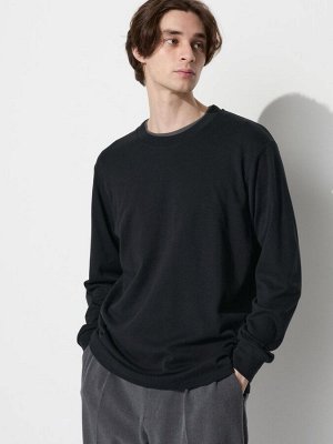 UNIQLO - хлопковая однотонная кофта с круглым вырезом - 09 BLACK
